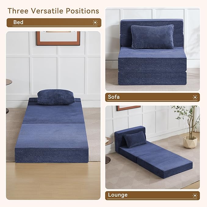 WUTUTUEE Folding Sofa Bed Convertible Floor Couch Foldable Chair Bed with Pillow，Linen Sleeper Chair Futon,Foldable Memory Foam Mattress for Bedroom/Living Room/Dorm/Office (Corduroy Navy, Single)