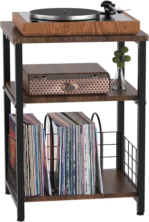Record Player Stand, 3 Tier Side End Table with Vinyl Record Storage Basket, Turntable up to 100 Albums Record Shelf Display Holder Cabinet for Living Room, Bedroom, Office, Black