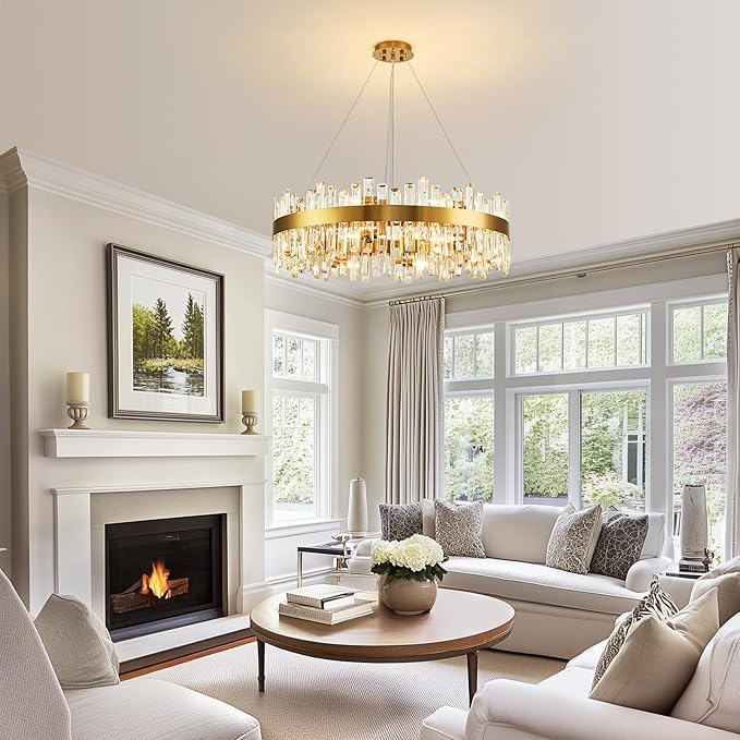 CROSSIO 16-Light Modern Crystal Chandelier, Large Gold Round 2-Tiers K9 Crystal Chandelier, Luxury Flush Mount Crystal Pendant Ceiling Light for Dining Living Room Entryway Foyer D31.5''