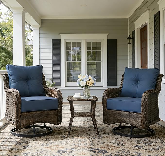 Patio Furniture Set, 3PCS Outdoor Wicker Conversation Set Porch Furniture with 6" Thick Cushions, High Back Swivel Chairs, Weather Resistant Olefin Fabric for Garden, Poolside, Navy Blue