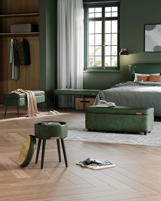 VASAGLE EKHO Collection - Storage Ottoman Bench, Entryway Bedroom Bench, 25 Gallons, Synthetic Leather with Stitching, Mid-Century Modern, Safety Hinges, Loads 660 lb, Forest Green ULOM075C01