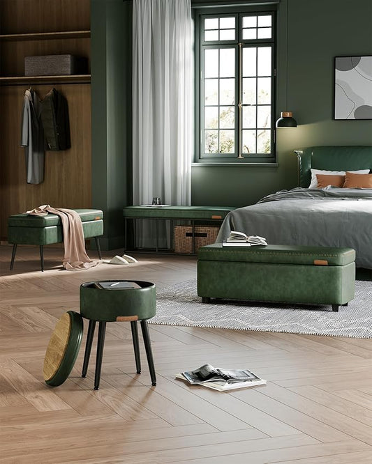 VASAGLE EKHO Collection - Storage Ottoman Bench, Entryway Bedroom Bench, 25 Gallons, Synthetic Leather with Stitching, Mid-Century Modern, Safety Hinges, Loads 660 lb, Forest Green ULOM075C01