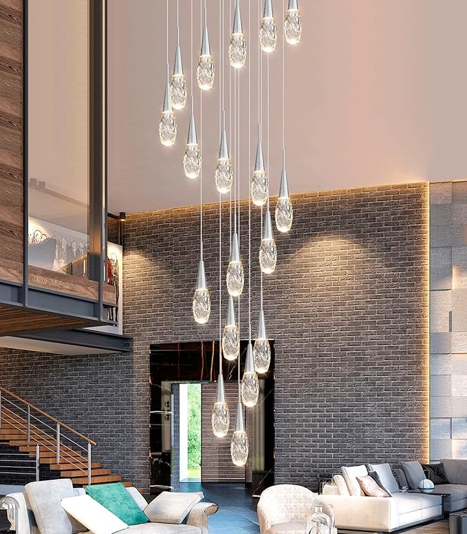 18-Lights 138 Inches Modern Chandelier LED Light Fixtures High Ceiling Long Light Chandelier for Entrance Foyer Dimmable Drop Lights with Remote Living Room Ceiling Pendant Lighting Shine Silver