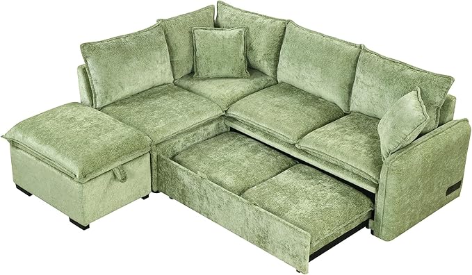 ERYE 82.5-Inch Left Facing Corner Sleeper Sectional Sofa Bed for Living Room Office,L-Shaped Chenille Upholstered Convertible Pull Out Sleeper Couch Bed W/Storage Ottoman | USB-C Ports