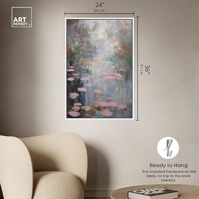 Art Remedy Pink Impressionisty Lilypads Framed Impressionism 1 Piece Canvas Wall Art/Monet And Van Gogh Inspired Art, 25" x 37", White Frame