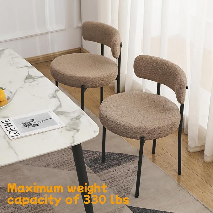 EDWELL Dining Chairs Set of 2, Round Upholstered Dining Room Chairs with Black Metal Legs, Modern Boucle Dining Chair for Dining Room, Kitchen, Living Room, Capacity 330lbs
