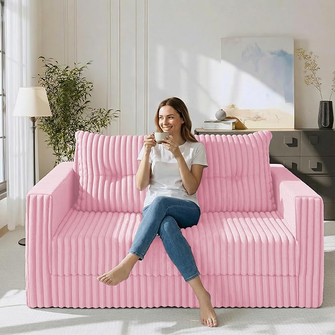 HABUTWAY Folding Sofa Bed, 2 in 1 Convertible Sleeper Chair with Pillow, Portable Fold Out Chair Bed with Armrest, Comfy Floor Couch, Lazy Sofa for Living Room Bedroom Dorm Home Office, Pink