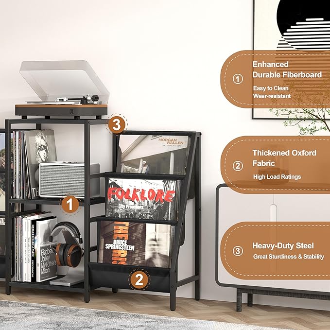 Record Player Stand with Vinyl Storage, Record Player Table with Vinyl Record Storage Up to 280 Albums, Turnta ble Stand with Record Holder Display Shelf, Record Cabinet for Media Stereo Audio