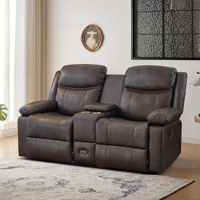 Manual Reclining Loveseat with Massage and Heat, Double Recliner Sofa with Center Console, Cup Holders & Storage for Living Room, RV (Brown)