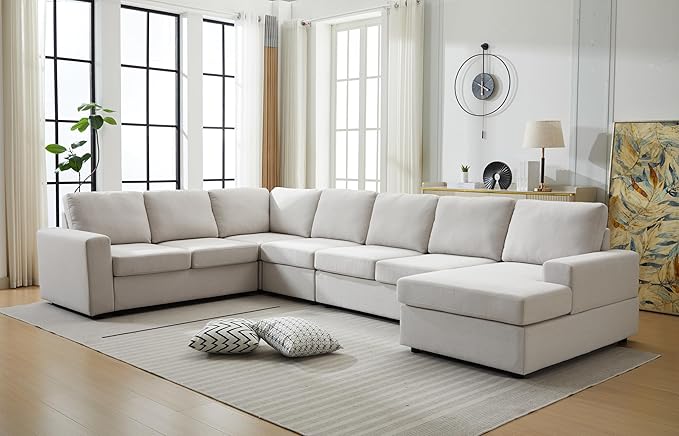 Ball & Cast 147" L-Shaped Sectional Couch for Living Room with Reversible Chaise & Removable Back Cushions,7 Seat Linen Upholstered Convertible Sectional Sofa Set,DIY Combination,for Home,Office,Beige