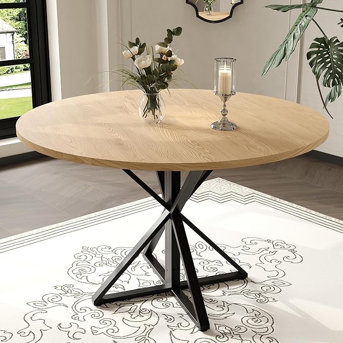 IDEALHOUSE 47 Inch Round Dining Table for 4, Farmhouse Kitchen Table with Metal K-Base, Oak Finish Circle Wood Table for Dining Room, Kitchen, Apartment & Living Room (Table Only)