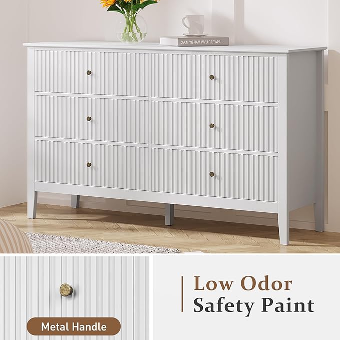 RoyalCraft White Dresser for Bedroom with 9 Drawers, Fluted Painted Wood Chest of Drawers, Modern TV Stand Storage Cabinet for Living Room, Hallway