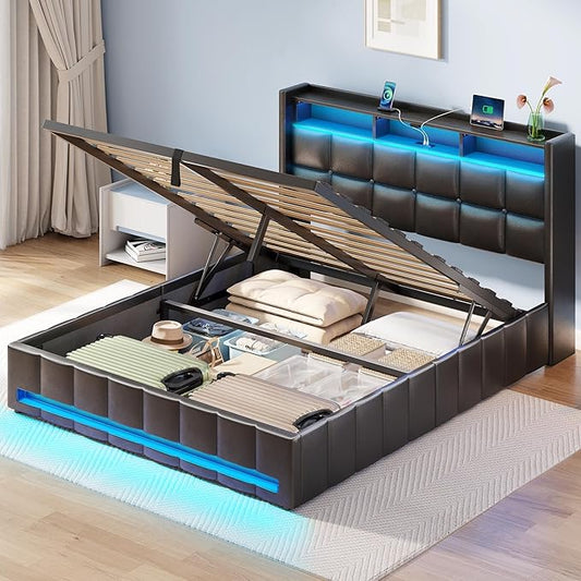 Rolanstar Bed Frame Queen Size with Lift Up Storage, Charging Station & LED Lights, Upholstered Storage Headboard, Heavy Duty Wooden Slats, No Box Spring Needed, Noise Free, Easy Assembly, Black