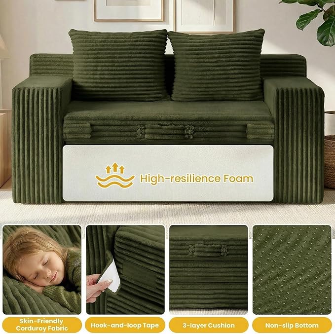 Boneless Loveseat Sleeper Sofa Bed: 3-in-1 Convertible Sofa Bed with Side Pockets & Handle,Pull Out Couch with 2 Pillows,Folding Futon for Small Space,Living Room & Bedroom,Green