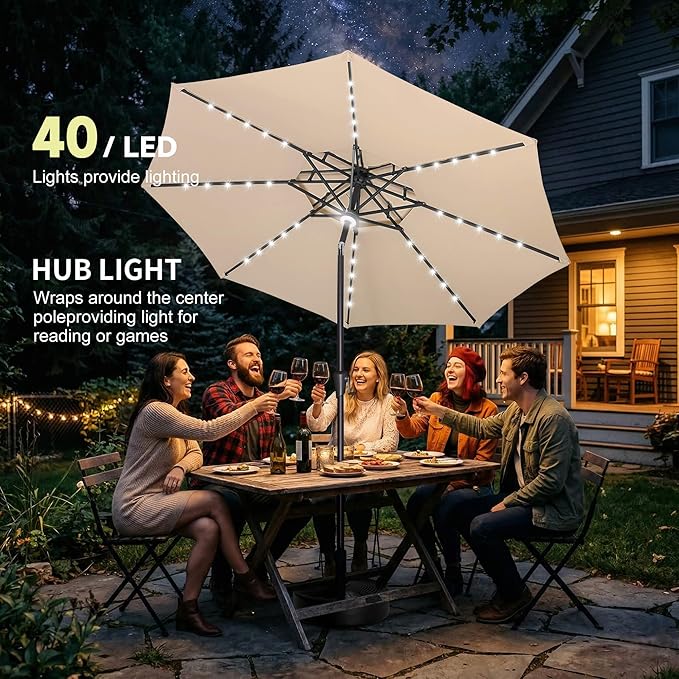 9ft Solar Umbrella Outdoor - 2 Tiers Lighted Solar Patio Umbrella with 40 LED Lights Waterprool UV Protection, Table Umbrella with Tilt for Pool, Porch, Garden, Backyard (Beige)
