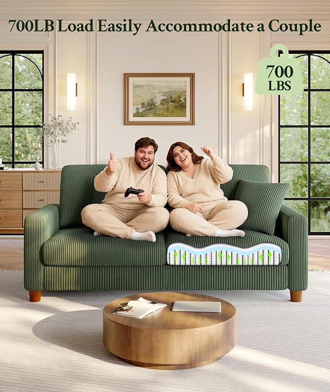 Welzona 70.2" Couches for Living Room, Comfy Sofa Set Tool-Free Setup, Corduroy Couch Set 7.1" Thicker Cushion, Accent Chair with Ottoman 848lbs Support, Sofas for Living Room Home Office, Green