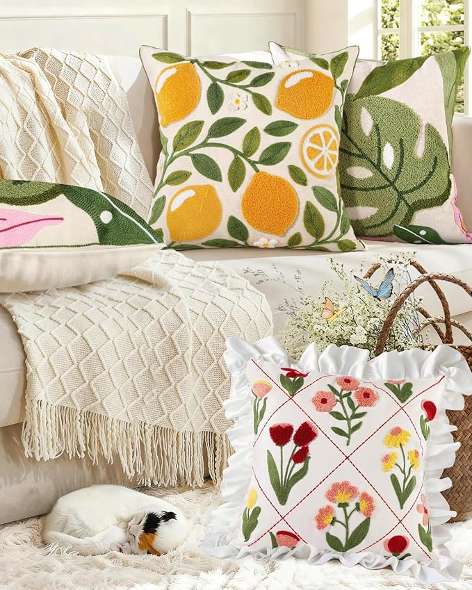Embroidered Throw Pillow Cover - 18x18 Decorative Pillow Cover with Zipper Aesthetic Cute Design Boho Spring Summer Throw Pillowcase for Living Room Couch Sofa Bed, Ruffle Floral
