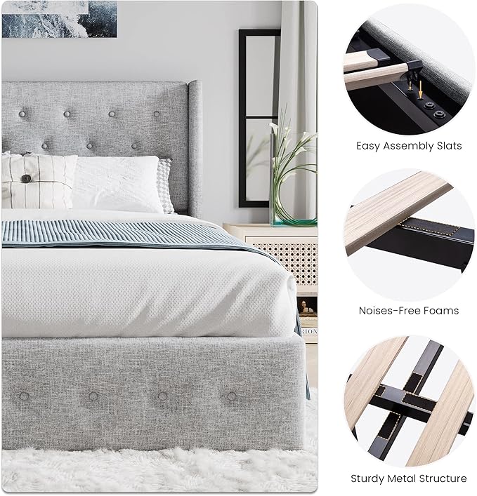 SHA CERLIN Full Size Lift Up Storage Bed Frame,Button Tufted Wingback Headboard,Upholstered Platform,Hydraulic Storage,Wooden Slat Support,No Box Spring,Light Grey
