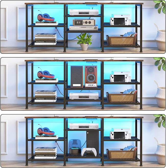 YGEOMER TV Stand for TVs Up to 55 Inches, Entertainment Center with Power Outlet and LED Lights Open Storage Shelves, TV Media Console Table for Living Room and Bedroom, Rustic Brown