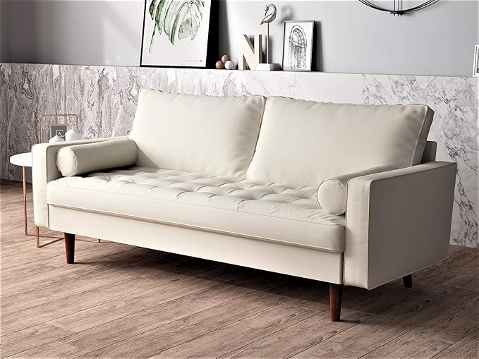 Container Furniture Direct Womble Mid Century Modern Couch with Bolster Pillows, PU Leather Upholstered Tufted Seat, Versatile Retro Design for Comfortable Living Spaces, Sofa, White