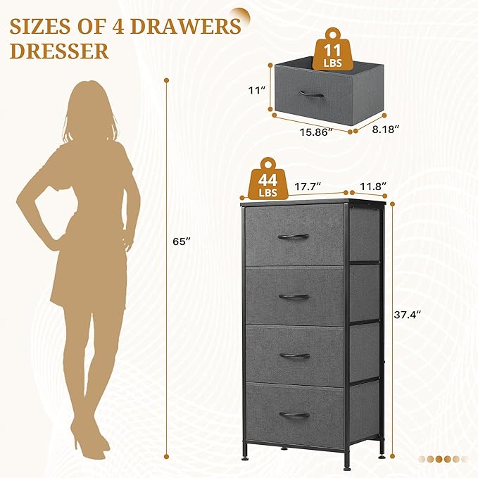 Nightstand with 4 Fabric Drawers, 37.4" H Tall Narrow Bedside Table with Wooden Top Steel Frame for Bedroom, Dorm, Closet, Living Room, Grey