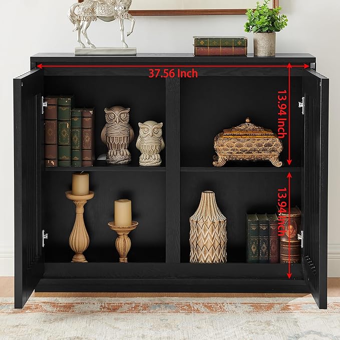 Ball & Cast 39" Narrow Sideboard Cabinet with Storage, Mid Century Modern Buffet Credenza Cabinet w/Fluted Doors & 2 Outlet Holes,for Living Room,Dining Rooms, Entryway, Kitchen Coffee Bar, Black