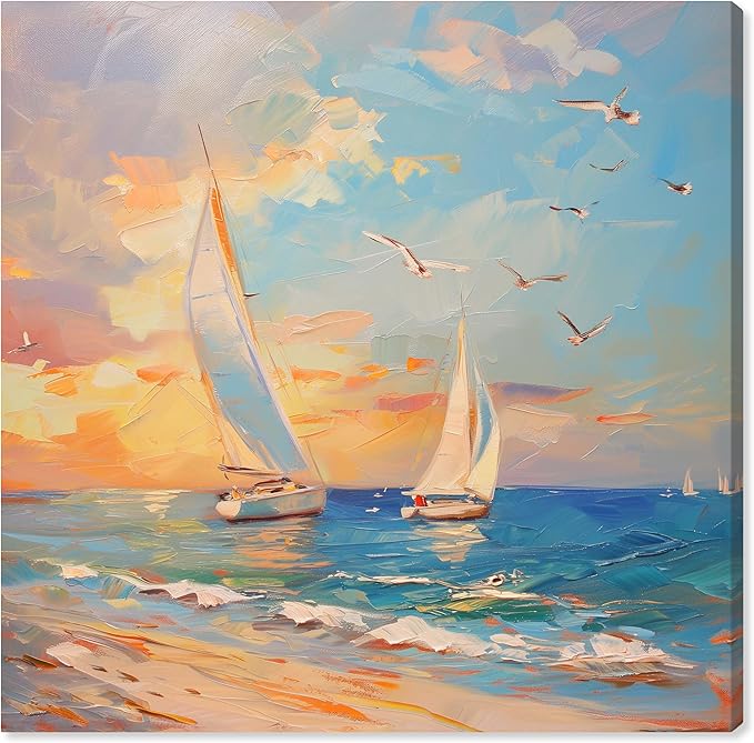 Art Remedy Sailboats In The Sunset Gallery Wrapped Sailing 1 Piece Canvas Wall Art, 16" x 16", Gallery Wrapped