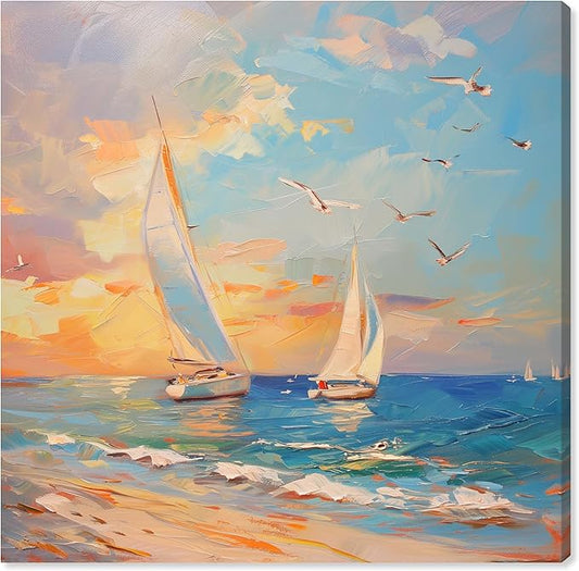 Art Remedy Sailboats In The Sunset Gallery Wrapped Sailing 1 Piece Canvas Wall Art, 20" x 20", Gallery Wrapped