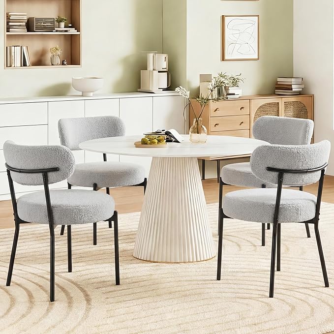 DUMOS Dining Chairs Set of 6, Mid Century Modern Chair Round Upholstered Curved Backrest, Kitchen Vanity Living Room Chairs with Black Metal Legs，Light Grey