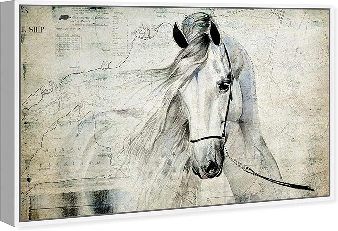 Country Farmhouse Canvas Print Painting Animal Wall Art 'Southern White Horse' White Framed Canvas Rustic Home Décor 54x36 in Gray, Brown by Oliver Gal