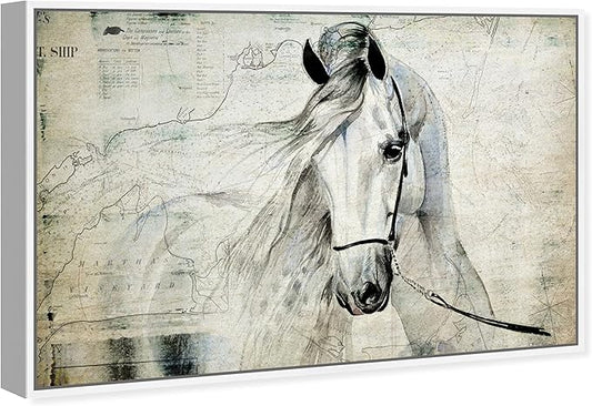Country Farmhouse Canvas Print Painting Animal Wall Art 'Southern White Horse' White Framed Canvas Rustic Home Décor 54x36 in Gray, Brown by Oliver Gal