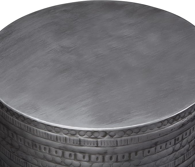 SIMPLIHOME Johnsen Metal Table - 15 inch Wide Solid Iron Drum Accent Table in Antique Silver with Tribal Pattern, Round Boho End Table for Living Room, Bedroom, or Home Office, Fully Assembled
