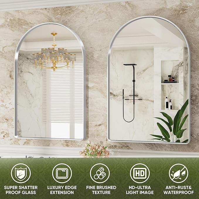 Suidia 24" x 36" Bathroom Mirror, Bathroom Vanity Mirror Metal Framed, Wall-Mounted Mirrors for Bedroom, Living Room, Entryway, Hallway, Silver, Arch Style