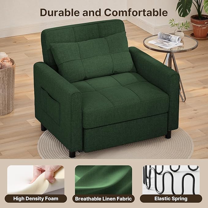 Gizoon Sofa Bed Chair 3 in 1 Convertible, Pullout Single Sleeper Chair Bed with Adjustable Backrest, Spacious Multifunctional Sofa Couches for Living Room, Bedroom, Apartment