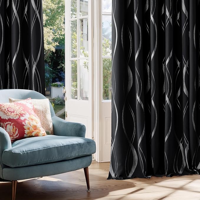 NICETOWN Black Blackout Patterned Curtain for Bedroom, 66 inch Wide by 84 inch Long, Noise Reducing Thermal Insulated Wave Line Foil Print Design Drapes for Patio Sliding Glass Door, 2 Panels