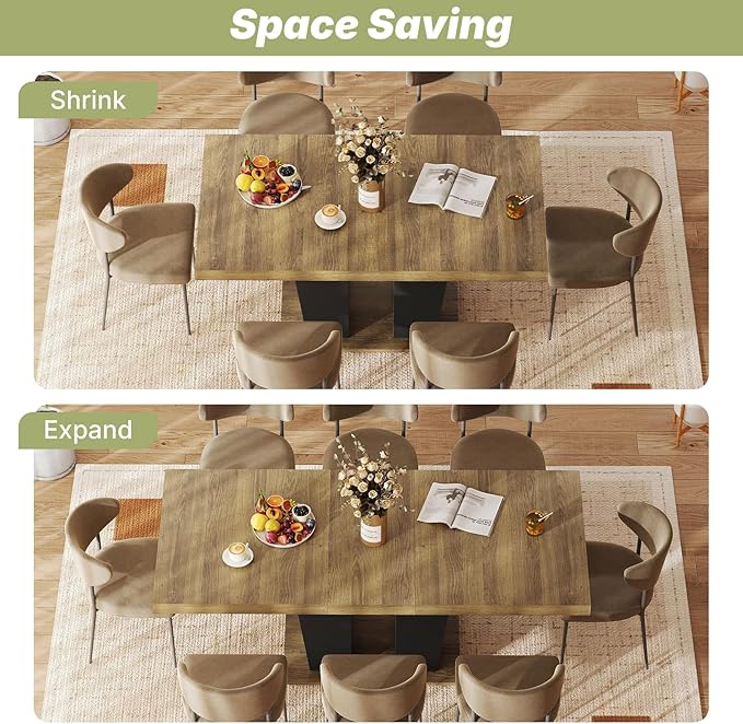 63"-78.7" Expandable Dining Table, 6-10 Rectangle Table, Extendable Console Table, Wooden Farmhouse Kitchen Table with Metal Track & Dual Column Base for Living, Office-Brown