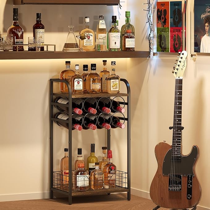 3-Tier Wine Bar Table: Small Liquor Bottle Holder with 8-Bottle Wine Rack Mini Wine Bar Cabinet Corner Whiskey Display Shelf Floor Liquor Storage Bar for Home Living Room