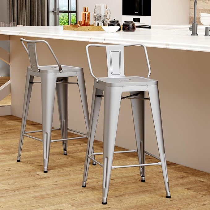 Tongli Metal Bar Stools Set of 2 Counter Stools Metal Bar Chairs Stools Counter Height Barstools Indoor Outdoor (Silver, 2PCS-24)