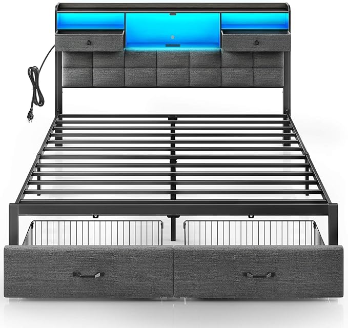 Rolanstar Bed Frame King Size with Drawers and Charging Station, Upholstered Platform Bed with Storage Headboard and LED Light, Heavy Duty Metal Support, No Box Spring Needed, Noise Free, Grey