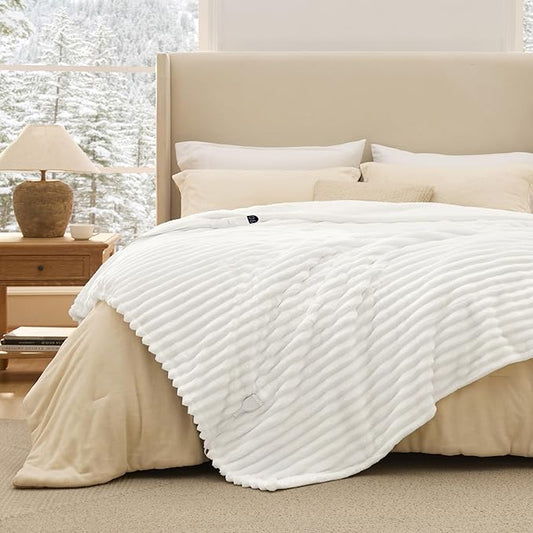 Bedsure Electric Blanket Full Size - Thick Striped Flannel Heated Blanket with 6 Heat Settings, 10 Time Settings, 8-Hour Timer Auto Shut Off, Gift for Grandma (72x84 inches, White)