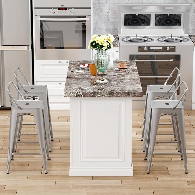 Tongli Metal Bar Stools Set of 4 Barstools Counter Height Bar Stools with Back Industrial Bar Stool Indoor Counter Stool Kitchen Island Stools Modern Bar Chair 26inch Silver
