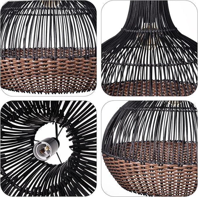 Arturesthome Black Rattan Pendant Lights, Wicker Chandelier Boho Basket Lighting Fixture, Large Natural Woven Hanging Lamp for Kitchen Island Dining Room