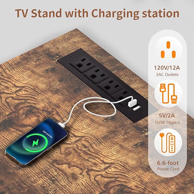 VECELO LED TV Stand for 55 inch, Entertainment Center with Power Outlets, Industrial Television Cabinet with 7 Open Storage Shelves, for Living Room and Bedroom, Retro Brown, 55inch