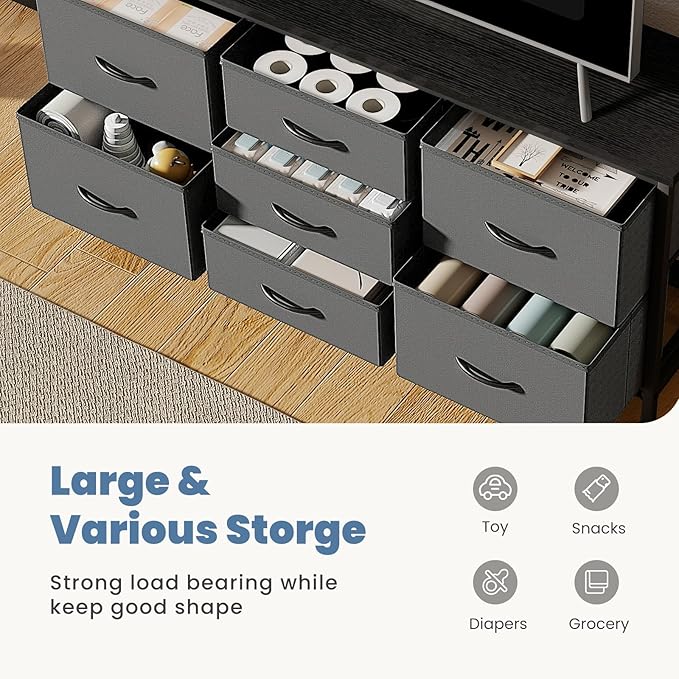 DUMOS TV Stand 7 Drawer Dresser for Bedroom with Storage TV Stands for Living Room Grey, Farmhouse Entertainment Center Media Console Table with Metal Frame Adjustable Feet