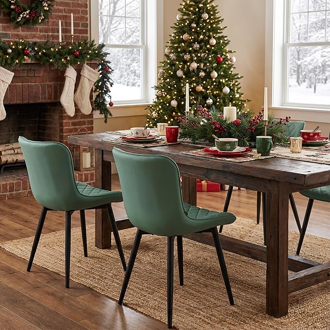 YOUTASTE Light Green Dining Chairs Set of 2 Mid Century Modern PU Leather Diamond Upholstered Accent Guest Dinner Chair with Back Metal Legs for Kitchen Living Reception Waiting Room
