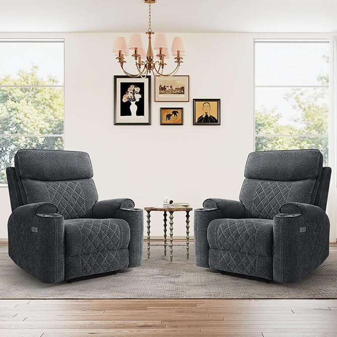 HAOMARKETS Power Recliner Chair Set of 2 for Adults with USB Charging Port, Electric Recliners with Metal Cup Holders, Single Overstuffed Heavy Duty Reclining Sofa Chairs for Living Room, Dark Grey