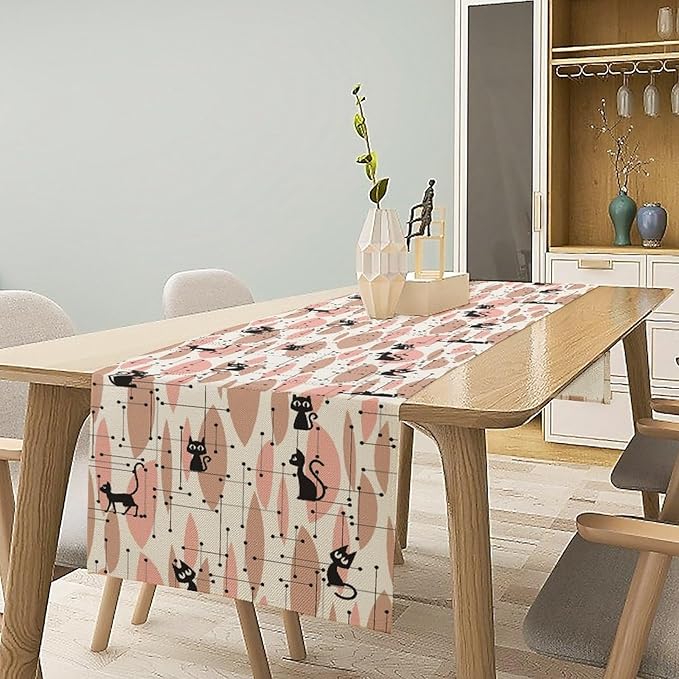 Mid Century Table Runner Vintage Pink Abstract Geometric Atomic Star Retro Black Cat Dining Table Decoration for Kitchen Dining Room 13x70in