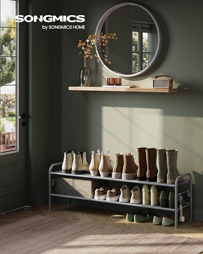 SONGMICS Shoe Rack, 2-Tier Shoe Organizer, Fabric Shoe Shelf Storage with 4 Hooks, Holds up to 12 Pairs of Shoes, Height-Adjustable Shoe Rack for Entryway, Hallway, Closet, Easy Assembly, Dove Gray