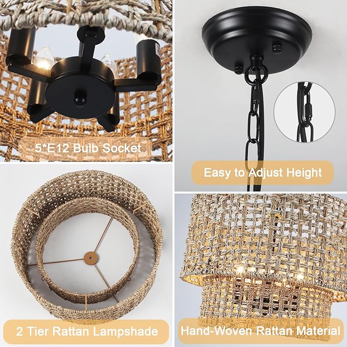 5-Light Boho Rattan Chandelier Light Fixture 19" Large Hand Woven Rustic Chandeliers Farmhouse Drum Hanging Light for Living Room Dining Room Kitchen Island Foyer Entryway, E12