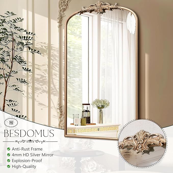 Besdomus Vintage Gold Wall Mirror: 24"x42" Large Arch Champagne Gold Antique Wall Mounted Mirror - Traditional Ornate Home Decor for Entryway/Fireplace/Bathroom - Baroque Idea for Housewife
